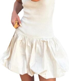 Women Strapless Mini Dress Tube Top Bubble Skirt Off Shoulder Corset Top Balloon Short Dress Club Party