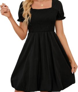 Women's Summer Bubble Dresses 2026 Trendy Casual Short Sleeves Square Neck Cute Aline Tiered Sundresses with Pockets