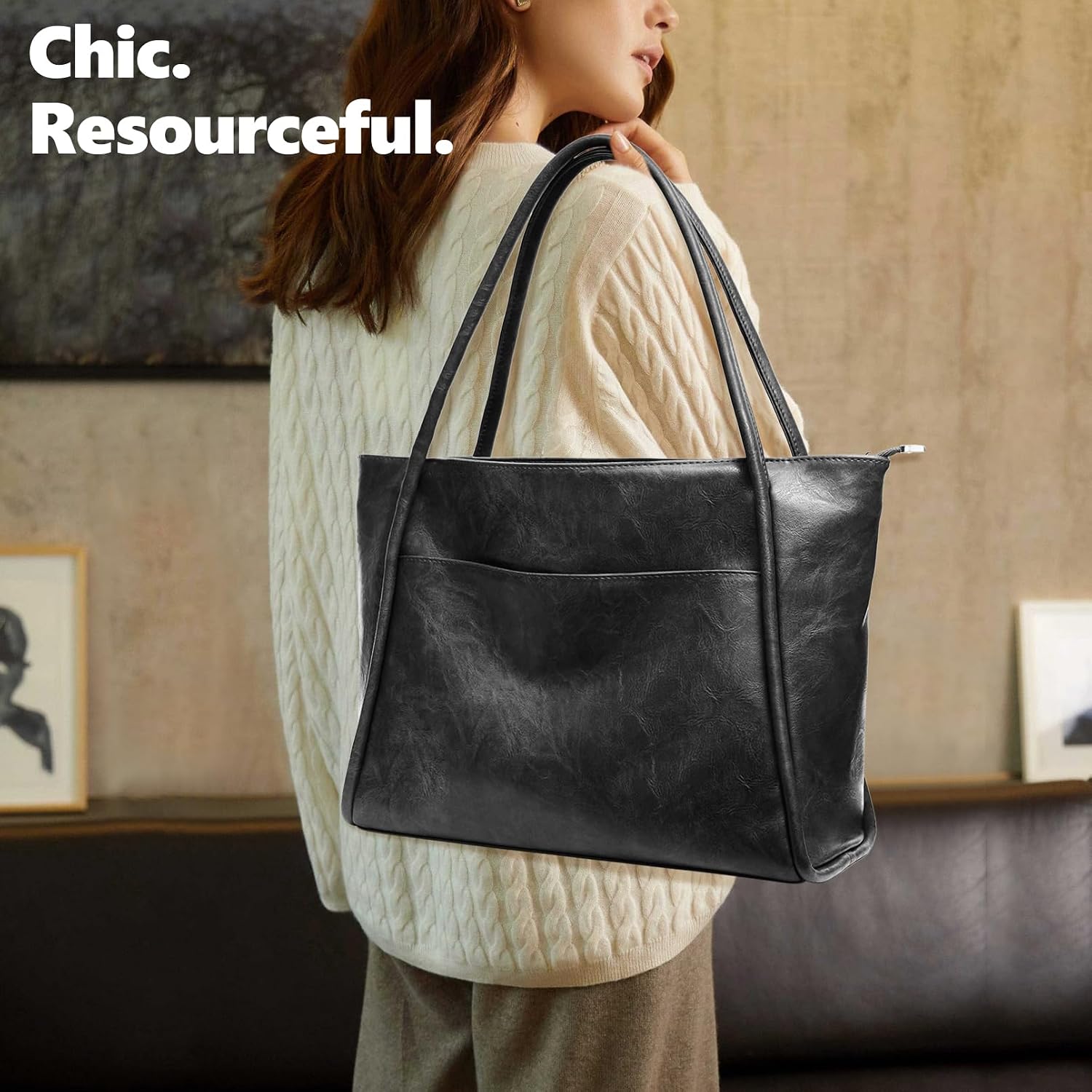 Large Tote Bag for Women Work with Zipper 16L Vegan Leather Ladies Travel Purses and Handbags - Image 2