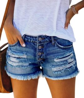 Women Ripped Denim Jean Shorts Mid Rise Summer Hot Raw Hem Casual Shorts