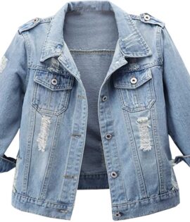Women Autumn 3/4 Sleeve Retro Short Denim Jackets Light Blue Jean Coats