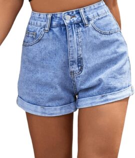 Women's High Rise Roll Up Hem Straight Leg Denim Jean Shorts with Pocket