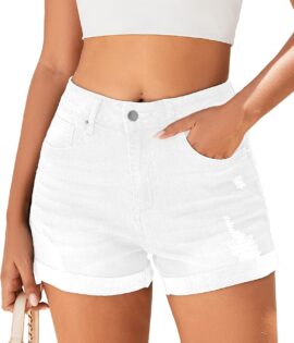 Women Mid-High Rise Ripped Denim Shorts Stretchy Distressed Jean Shorts with Pockets Folded Hem Casual Summer Jorts
