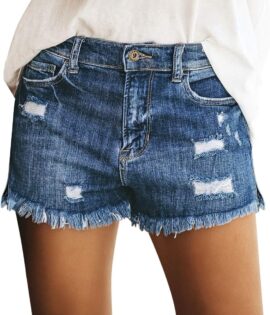 Women's Casual Mid Rise Denim Shorts Stretch Ripped Raw Hem Jean Shorts