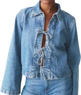 Women Fashion Cropped Denim Jacket Tie Front Lapel Neck Long Sleeve Jean Coat Lightweight Shacket Fall Blouse