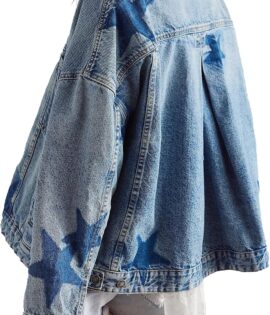 Women's Casual Vintage Denim Jacket – Leopard and Star Print (with Pockets)